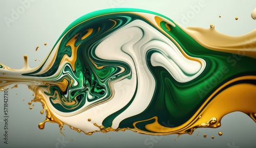 abstract background  green  white and gold acrylic liquid artistic paints.Generative AI