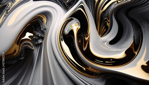 abstract background, white, black and gold acrylic liquid artistic paints.Generative AI