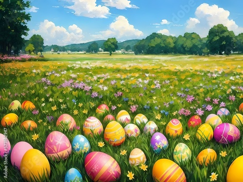 Easter hunt. Blooming meadow with plenty painted eggs in the grass amongst the flowers  a sunny spring day. Generative AI