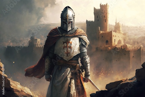 Knights are a warrior in armor and helmets.Ancient Jerusalemn in the background created by generative AI photo