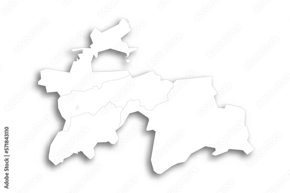 Tajikistan political map of administrative divisions - regions, autonomous region of Gorno-Badakhshan, districts of Republican Subordination and capital city of Dushanbe. Flat white blank map with