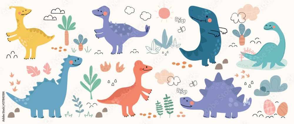 Obraz premium Cute dinosaurs vector set. Hand drawn doodle funny plesiosaurus, stegosaurus, tyrannosaurus, parasaurolophus, spinosaurus. Dinosaur comic character design for kid, print, clothes, poster, education.