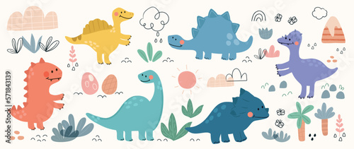 Cute dinosaurs vector set. Hand drawn doodle triceratops, stegosaurus, tyrannosaurus, diplodocus, spinosaurus. Dinosaur comic character design for kid, print, clothes, poster, education, edutainment.