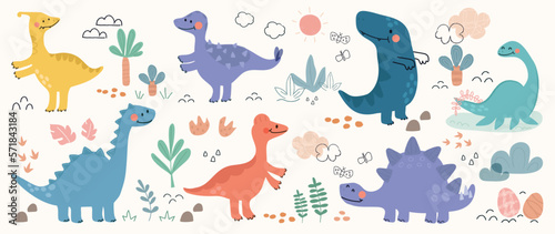 Cute dinosaurs vector set. Hand drawn doodle funny plesiosaurus, stegosaurus, tyrannosaurus, parasaurolophus, spinosaurus. Dinosaur comic character design for kid, print, clothes, poster, education.