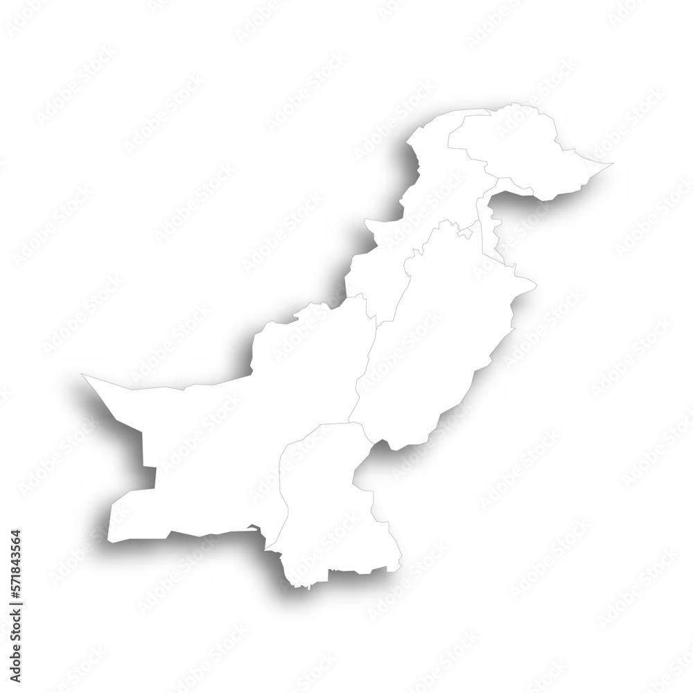 Pakistan political map of administrative divisions - provinces and autonomous territories. Flat white blank map with thin black outline and dropped shadow.