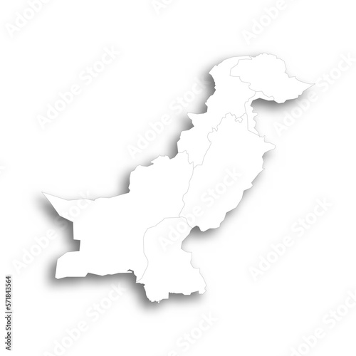 Pakistan political map of administrative divisions - provinces and autonomous territories. Flat white blank map with thin black outline and dropped shadow.