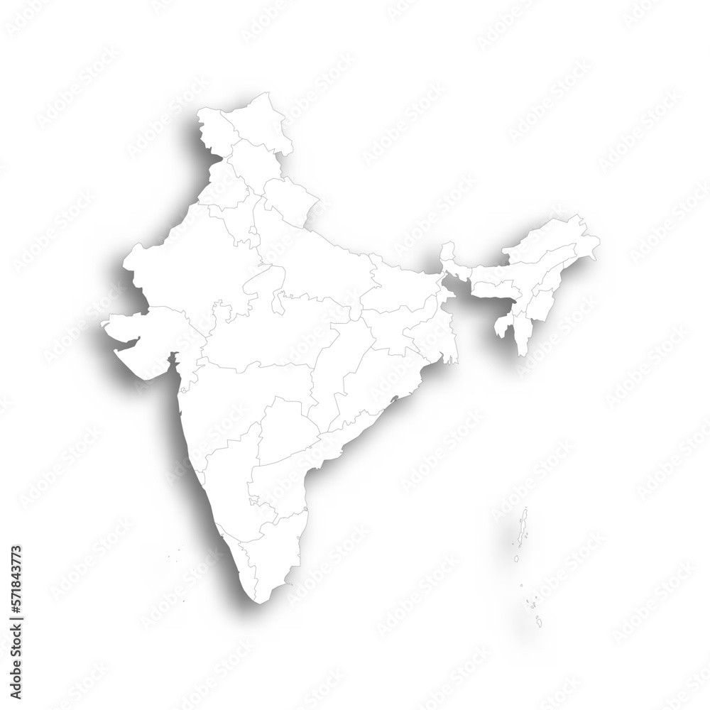India political map of administrative divisions - states and union teritorries. Flat white blank map with thin black outline and dropped shadow.