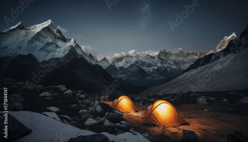 tourist tents at the foot of the mountain at night. concept of travel and tourism. generative AI