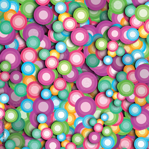 Geometric abstract pattern of fandango ,mantis, cerise, mint, carrot orange, sunset, tiffany blue, orchid pink, beige, thistle color circle shape creatively arranged on dark background. textile design