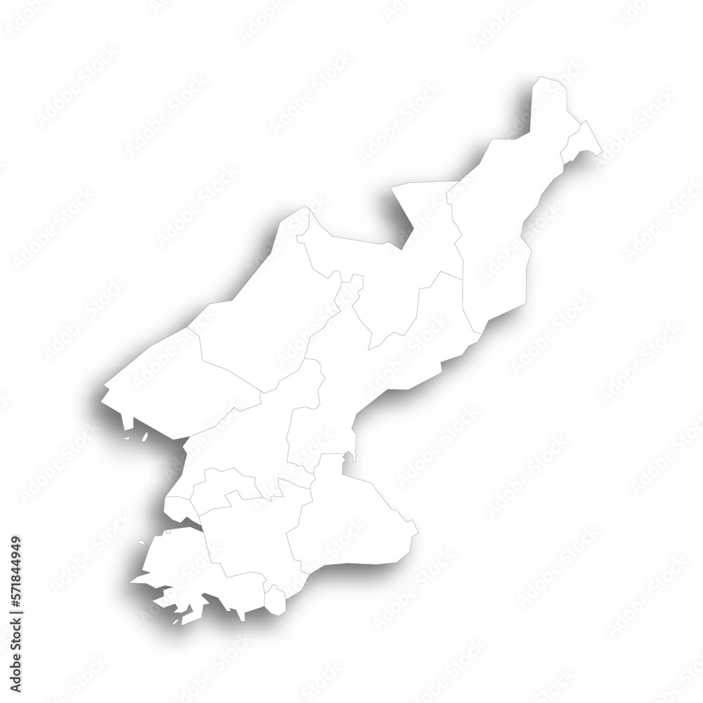 Fototapeta premium North Korea political map of administrative divisions - provinces. Flat white blank map with thin black outline and dropped shadow.