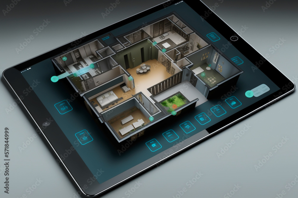 custom made wallpaper toronto digitalHome automation, Tablet app home control, closeup, blurred home backgorund, generative ai