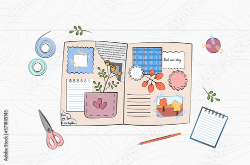 Scrapbooking workplace top view. Scrapbook elements, tools and stationery on wooden table. Journaling hobby. Book with newspaper clipping, photo, notes, leaves. Vector illustration