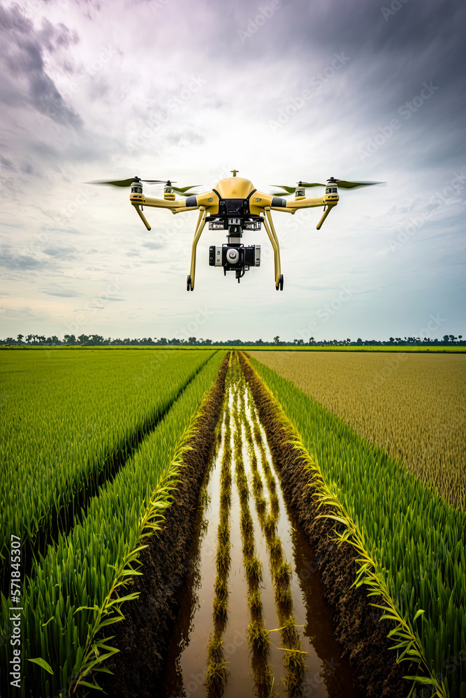 Agriculture drone fly to sprayed fertilizer on the rice fields. Ai generative Agriculture drone fly to sprayed fertilizer on the rice fields. Ai generative