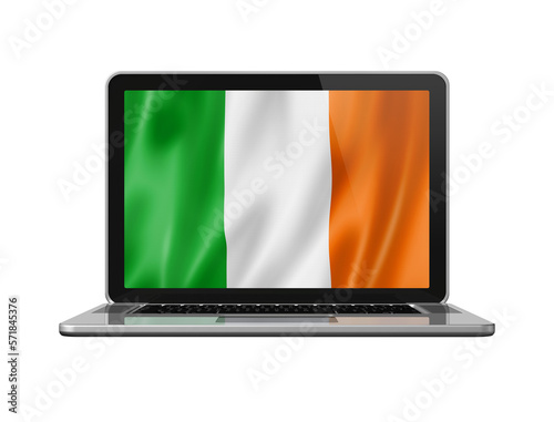 Irish flag on laptop screen isolated on white. 3D illustration