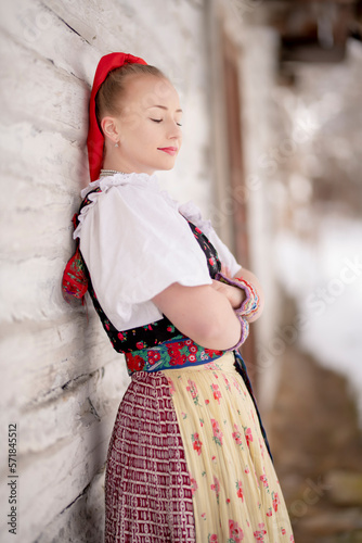 slovak folk costume. Young beautiful slovak woman in traditional dress. Slovak folklore