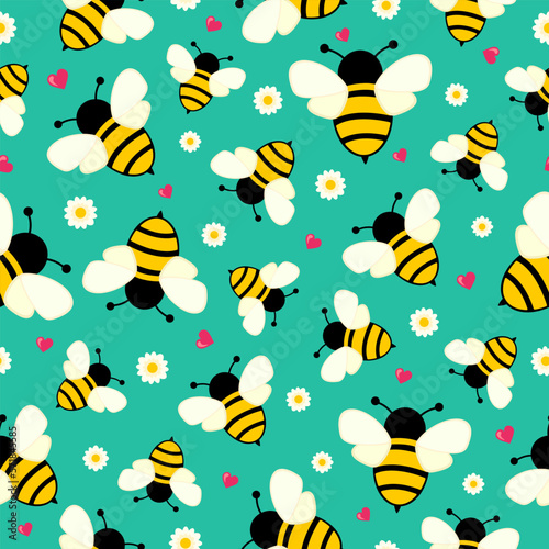 Simple flying bees with hearts and chamomiles on a calm turquoise background. Insect. Seamless summer pattern. Suit for wrapping paper, wallpaper, children's textile.