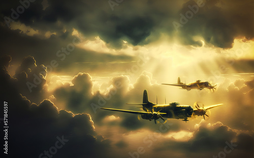 Two fighter planes crisscross the skies of World War II. a breathtaking symbolic image to capture a historic moment. Generative AI