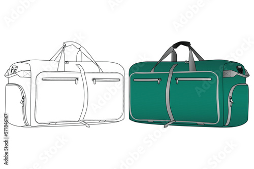 Travel Duffle Bag, Vector Illustration, Bag Outline Template, Fashion Flats Sketch, Duffel Bag for Camping Gym Weekender Bag, Vector Clip Art Template photo
