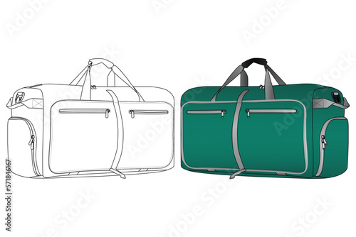 Travel Duffle Bag, Vector Illustration, Bag Outline Template, Fashion Flats Sketch, Duffel Bag for Camping Gym Weekender Bag, Vector Clip Art Template