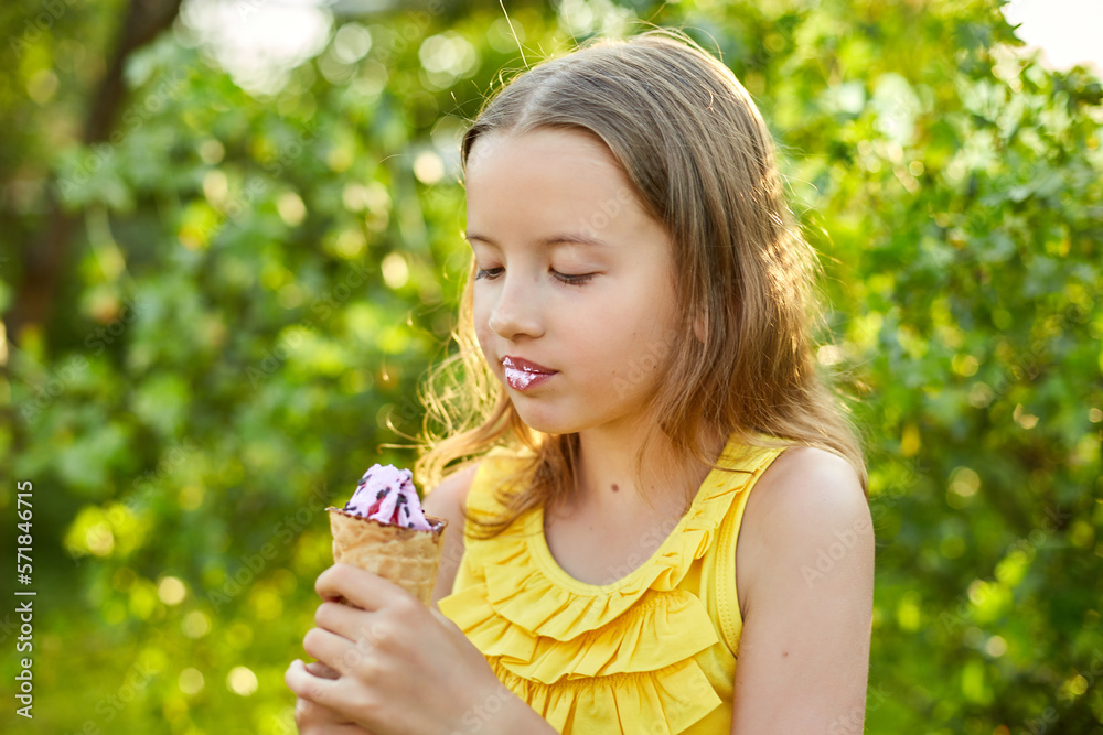 Happy girl with braces eating italian ice cream cone smiling while resting in park on summer day Happy girl with braces eating italian ice cream cone smiling while resting in park on summer day