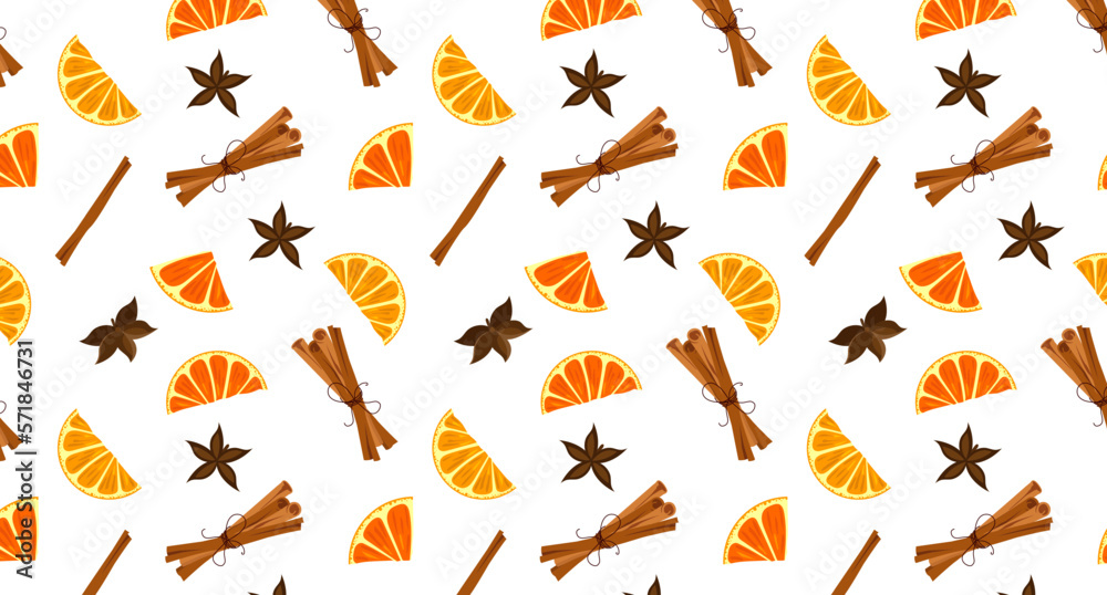 Seamless orange and cinnamon. Vector seamless pattern with orange slices, cinnamon sticks, star anise and cloves