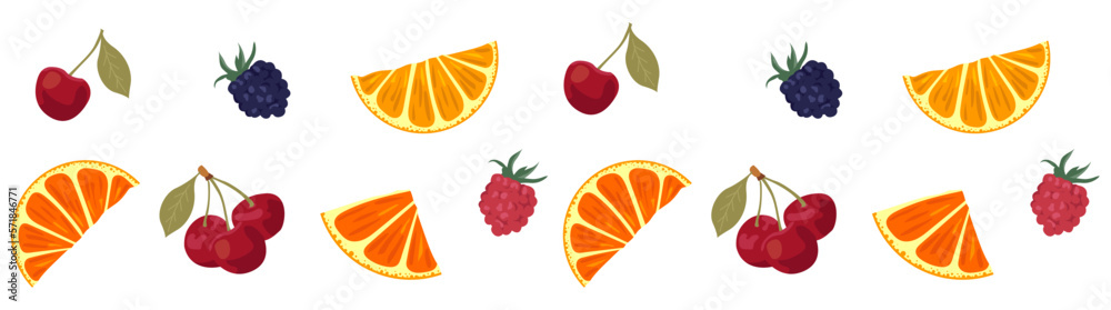 Set of fruits. Cherries, oranges, raspberries, blackberries on a white background. Brigt juicy Berris vector illustration Set of fruits. Cherries, oranges, raspberries, blackberries on a white background. Brigt juicy Berris vector illustration