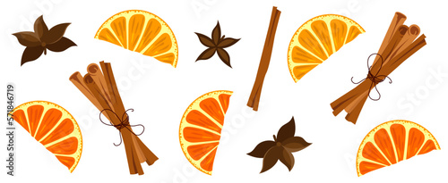 Seamless orange and cinnamon. Vector seamless pattern with orange slices, cinnamon sticks, star anise and cloves