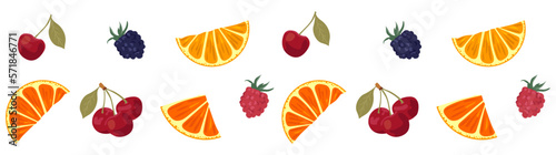 Set of fruits. Cherries  oranges  raspberries  blackberries on a white background. Brigt juicy Berris vector illustration