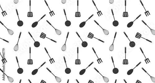 set of cutlery. Set of black silhouettes kitchen tools fork spoon knife rolling pin ladle board for cutting culinary banner with place for your text vector illustration isolated on white background