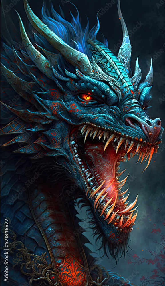 Fototapeta premium Amazing Fantasy Dragon head,A very detailed and horrible . Cover book. Generative Ai