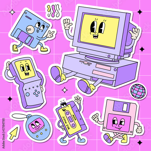 Back to 90s sticker pack. Old fashioned set of old computer pc, vintage misic cassette, floppy disk, tetris and tamagochi mascots in retro cartoon style. Nostalgia for 1990s. Vector illustration.