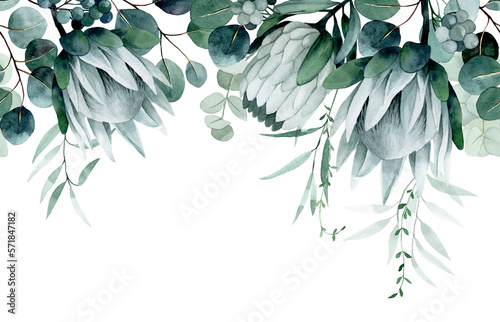 watercolor drawing. seamless border with tropical flowers and leaves. protea flowers and eucalyptus leaves