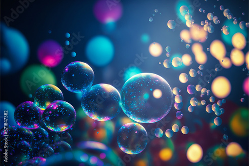 A multitude of translucent and multicolored soap bubbles, dynamic and dazzling, for an atmosphere full of lightness and magic. A striking visual. Generative AI