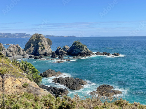Marine Landscape. The view of rocky coastline at Tawharanui Regional Park in a sunny day, New Zealand.