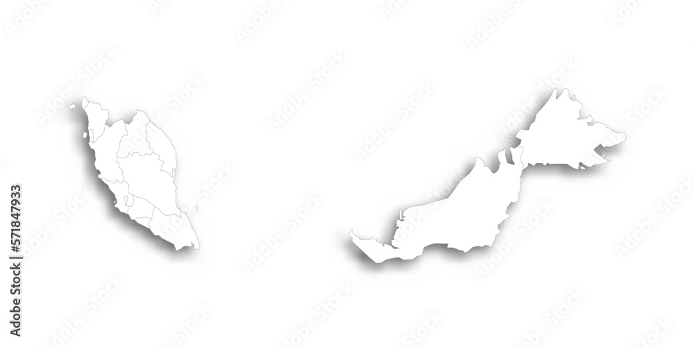 Malaysia political map of administrative divisions - states and federal territories. Flat white blank map with thin black outline and dropped shadow. Malaysia political map of administrative divisions - states and federal territories. Flat white blank map with thin black outline and dropped shadow.
