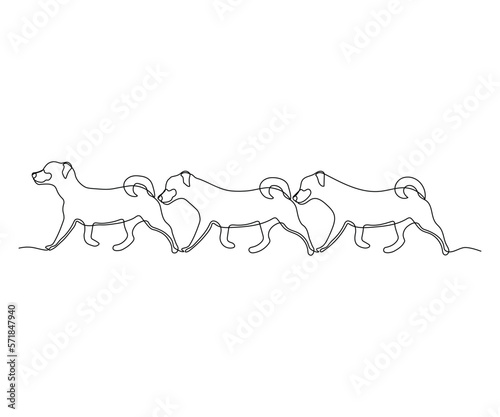 three abstract dogs stand in a row  the first leader and the leader  and the rear ones sniff each other under the tail  hand-drawn  continuous monoline  drawing in one line