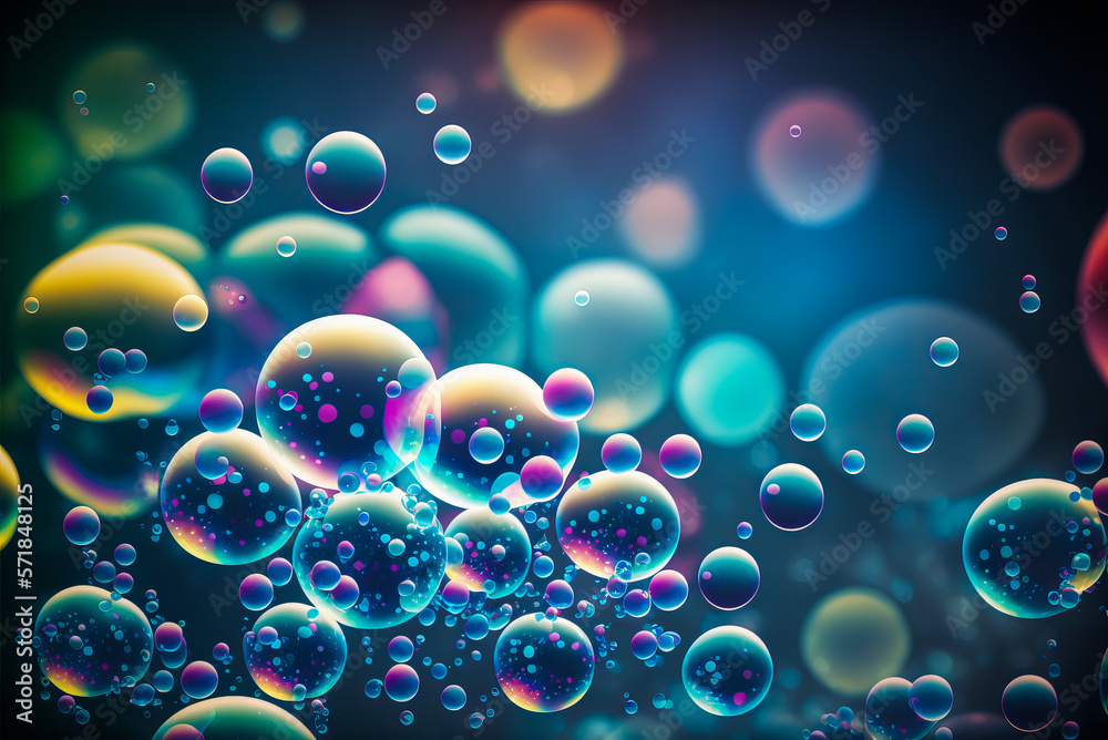 Translucent multicolored soap bubbles forming a dynamic and magical universe. Bewitching visuals for all audiences. Generative AI