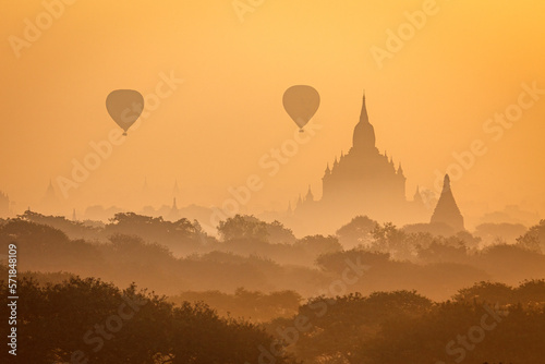 Hot Air Ballons over the Temple and Pagodas of Bagan in Myanmar  