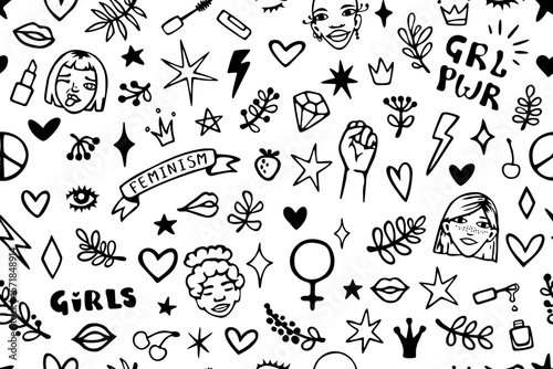 Vector seamless pattern with hand drawn elements on feminism theme: faces, raised fist, slogans, symbols, lips, hearts, branches and stars.