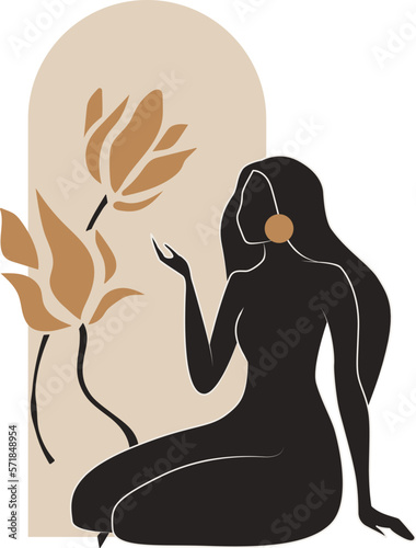 Gold and black feminine wall art. Artistic drawing of a silhouette in a mystical and abstract form. Abstract body art design for print, cover, wallpaper, minimal wall art.