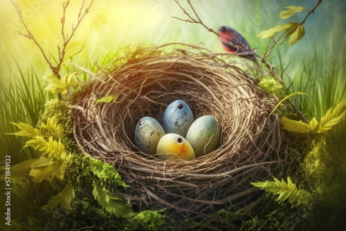 painted easter eggs in a birds nest, spring time and colors. AI Generated photo