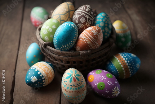 Straw basket with colorful easter eggs and dark background. Generative AI