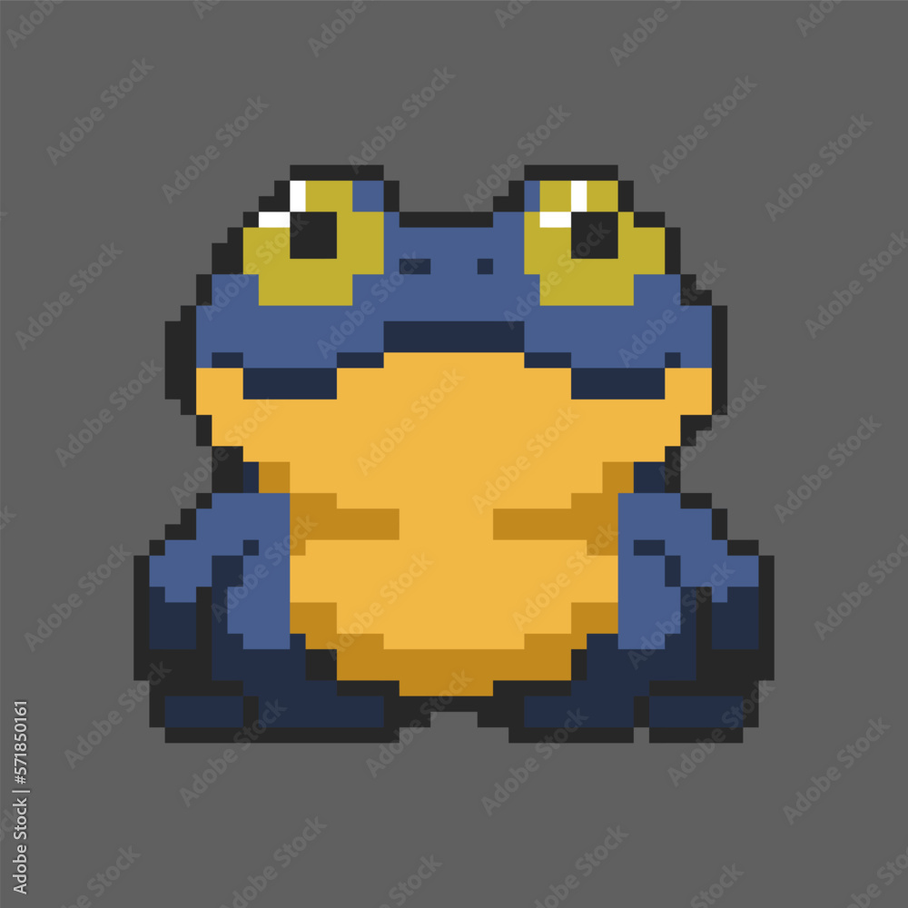 Obraz premium Big eyes blue yellow frog vector very cute pixel art, perfect for stickers