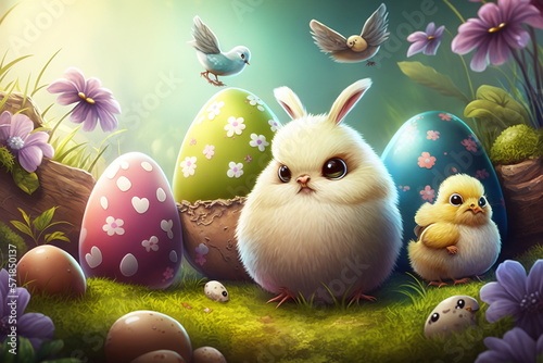 Easter bunny with easter eggs. Generative AI.