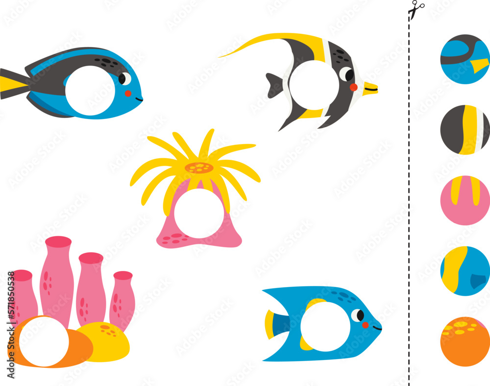 Cut and glue game for kids. Cute sea animals. Cut and glue game for kids. Cute sea animals.