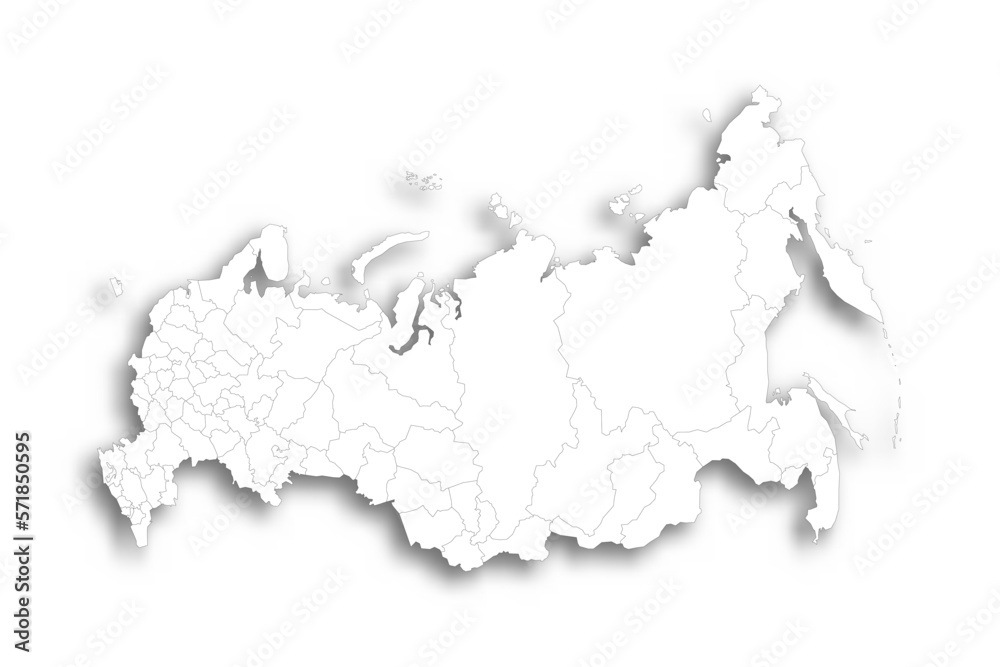 Russia political map of administrative divisions - oblasts, republics, autonomous okrugs, krais, autonomous oblast and 2 federal cities of Moscow and Saint Petersburg. Flat white blank map with thin Russia political map of administrative divisions - oblasts, republics, autonomous okrugs, krais, autonomous oblast and 2 federal cities of Moscow and Saint Petersburg. Flat white blank map with thin