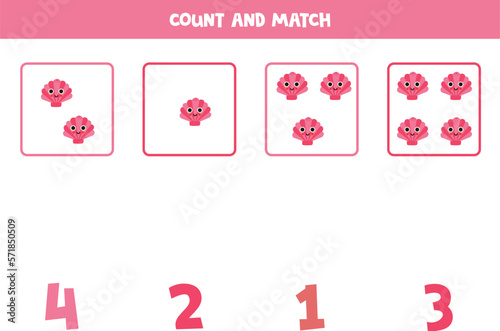 Counting game for kids. Count all cute pink seashells and match with numbers. Worksheet for children.