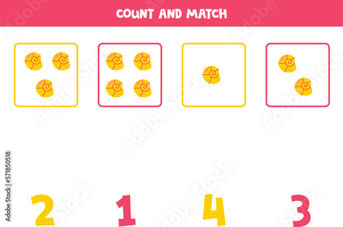 Counting game for kids. Count all cute yellow seashells and match with numbers. Worksheet for children.