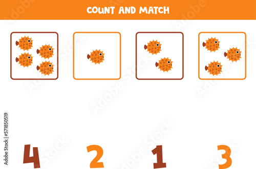 Counting game for kids. Count all cartoon puffer fish and match with numbers. Worksheet for children.