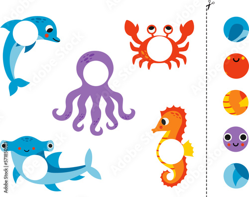 Cut and glue game for kids. Cute sea animals.